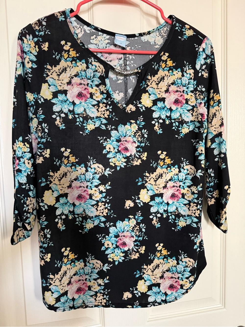 Women's Black Floral V-Neck Tunic with Pink & Teal Blooms